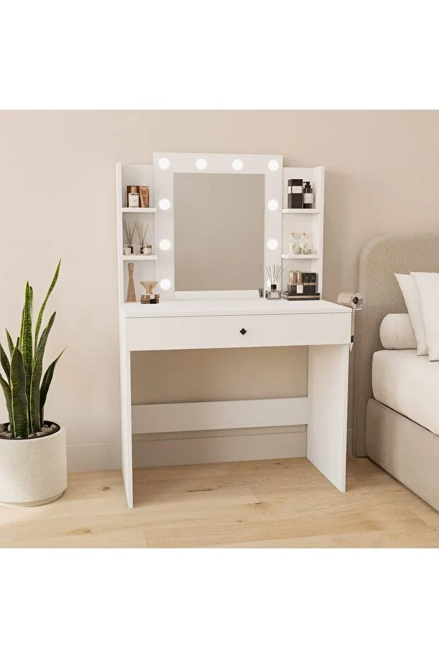 Hollywood Işıklı Aynalı Kulis Makyaj Masası Takı Düzenleyici Beyaz Patentli Tasarım